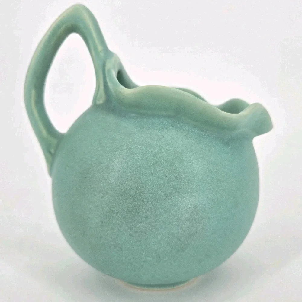 Vintage Weller Bouquet F-20 Turquoise Ball Pitcher Pink Floral Art Pottery 1930s